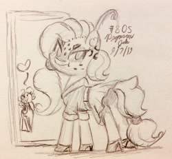 Size: 2104x1947 | Tagged: safe, artist:floofyfoxcomics, oc, oc only, oc:peppermint mocha (pegasusjedi), oc:sunlight days, pegasus, pony, clothes, dress, female, mare, mirror, monochrome, sketchy, traditional art