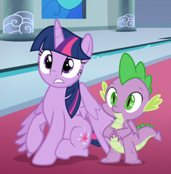 Size: 630x638 | Tagged: safe, screencap, spike, twilight sparkle, twilight sparkle (alicorn), alicorn, dragon, sparkle's seven, cropped, sitting, winged spike, wings