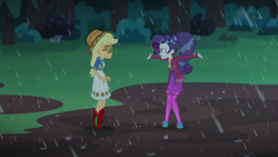 Size: 2208x1242 | Tagged: safe, screencap, applejack, rarity, better together, choose your own ending, equestria girls, inclement leather, inclement leather: applejack, coward, drama queen, lol, mud, mud puddle, rain, rarity being rarity, wet hair, wet hairity