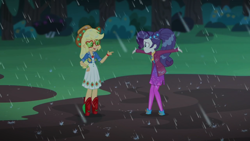 Size: 2208x1242 | Tagged: safe, screencap, applejack, rarity, better together, choose your own ending, equestria girls, inclement leather, inclement leather: applejack, applejack's sunglasses, female, mud puddle, rain, shipping fuel, wet hair, wet hairity