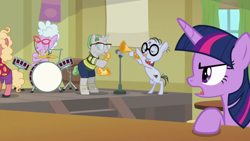 Size: 1920x1080 | Tagged: safe, screencap, chelsea porcelain, mr. waddle, twilight sparkle, twilight sparkle (alicorn), alicorn, pony, the point of no return, drums, microphone, musical instrument, saxophone