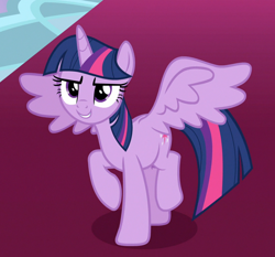 Size: 1000x930 | Tagged: safe, screencap, twilight sparkle, twilight sparkle (alicorn), alicorn, pony, sparkle's seven, >:), confident, cropped, evil grin, grin, raised hoof, smiling, smirk, solo, spread wings, wings