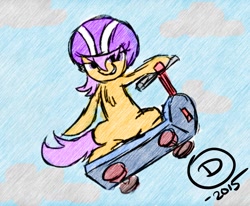 Size: 1215x1000 | Tagged: safe, artist:superdashiebros, scootaloo, pony, 2015, cloud, helmet, scooter, solo