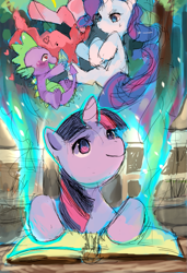 Size: 873x1280 | Tagged: safe, alternate version, artist:suikuzu, derpibooru import, pinkie pie, rarity, spike, twilight sparkle, unicorn twilight, dragon, earth pony, pony, unicorn, book, female, heart eyes, male, mare, wingding eyes