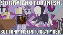 Size: 640x362 | Tagged: safe, edit, edited screencap, editor:undeadponysoldier, screencap, inky rose, photo finish, earth pony, pegasus, pony, honest apple, album cover, caption, carousel boutique, clothes, dress, female, glasses, goth, image macro, lowres, makeup, mare, ponyquin, sewing machine, spf 1000 (band), text, witch hunt
