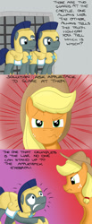 Size: 506x1224 | Tagged: safe, artist:hoofclid, derpibooru import, applejack, earth pony, pony, applejack is not amused, applejack's eyebrow, comic, fear, royal guard, stare, unamused