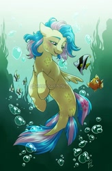 Size: 723x1105 | Tagged: safe, artist:hazurasinner, oc, oc only, oc:harmony (hazurasinner), fish, merpony, sea pony, magical lesbian spawn, offspring, parent:fluttershy, parent:rainbow dash, parents:flutterdash, species swap, underwater, watermark