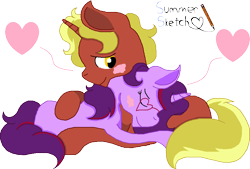 Size: 809x547 | Tagged: safe, artist:summersketch-mlp, oc, oc:aramau, oc:firebrand, pony, blushing, female, hug, male, shipping, straight, traditional art