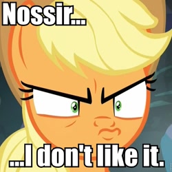 Size: 960x960 | Tagged: safe, derpibooru import, edit, edited screencap, screencap, applejack, earth pony, pony, dragon dropped, caption, cropped, image macro, mr. horse, reaction image, ren and stimpy, solo, text