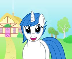 Size: 2500x2050 | Tagged: safe, artist:devfield, oc, oc only, oc:clear sky, pony, unicorn, apple, bush, chimney, female, flower, food, gradient background, grass, house, path, smiling, smoke, tree, window