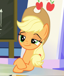 Size: 736x873 | Tagged: safe, derpibooru import, screencap, applejack, earth pony, pony, sparkle's seven, applejack's hat, cowboy hat, cropped, cute, female, friendship throne, hat, jackabetes, lidded eyes, mare, sitting, smiling, smirk, smug, solo