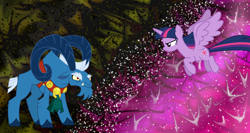 Size: 1500x800 | Tagged: artist needed, safe, grogar, twilight sparkle, twilight sparkle (alicorn), alicorn, angry, bell, final battle, flying, twilight vs grogar, vector