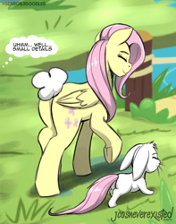 Size: 806x1024 | Tagged: safe, artist:jcosneverexisted, derpibooru import, angel bunny, fluttershy, pegasus, pony, rabbit, season 9 doodles, she talks to angel, animal, butt, cute, duo, female, happy, male, mare, offscreen character, parody, plot, scene parody, shrek the third, shyabetes, tail, tail swap, thought bubble, underhoof, walking