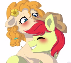 Size: 4096x3641 | Tagged: safe, artist:ev04kaa, bright mac, pear butter, earth pony, pony, the perfect pear, blushing, brightabetes, brightbutter, cute, eyes closed, female, floppy ears, hat, hug, male, mare, pearabetes, rcf community, shipping, simple background, smiling, stallion, straight, white background