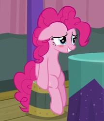 Size: 371x432 | Tagged: safe, derpibooru import, screencap, pinkie pie, earth pony, pony, a trivial pursuit, anatomically incorrect, blushing, cropped, cute, diapinkes, embarrassed, floppy ears, incorrect leg anatomy, sitting, smiling, solo