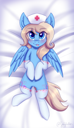 Size: 1566x2698 | Tagged: safe, artist:sonigiraldo, oc, oc:lusty symphony, pegasus, pony, blushing, body pillow design, both cutie marks, cute, hat, lying on bed, nurse hat, silly, solo, tongue out, wings, ych result