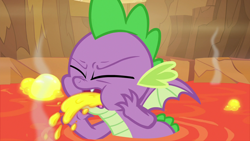 Size: 1280x720 | Tagged: safe, screencap, spike, dragon, sweet and smoky, cartoon physics, eyes closed, lava, male, vomit, vomiting, winged spike, wings