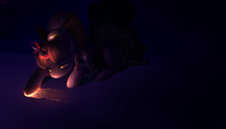 Size: 1400x800 | Tagged: safe, artist:dzmaylon, oc, oc only, pony, unicorn, dark, eyeball, female, glow, glowing horn, horn, looking at something, looking down, magic, mare, solo