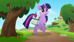 Size: 1366x768 | Tagged: safe, screencap, twilight sparkle, twilight sparkle (alicorn), alicorn, pony, rainbow roadtrip, apple tree, discovery family logo, outdoors, paper, road, saddle bag, solo, tree