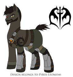 Size: 1387x1456 | Tagged: safe, artist:pyrus-leonidas, cyborg, earth pony, pony, series:mortal kombat:defenders of equestria, beard, belt, boots, clothes, crossover, facial hair, jeans, kano, male, mortal kombat, pants, ponified, shoes, signature, simple background, solo, stallion, tattoo, transparent background
