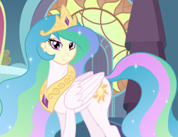 Size: 3300x2550 | Tagged: safe, artist:badumsquish, derpibooru exclusive, princess celestia, alicorn, pony, equestria girls, abomination, canterlot, canterlot castle, crown, cursed image, ethereal mane, eyeliner, female, folded wings, god is dead, half-pony, human head, human head pony, jewelry, looking at you, makeup, my horse prince, palace, regalia, reverse anthro, smiling, smirk, solo, tardy the man pony, wat, what has magic done, what has science done, why, wings