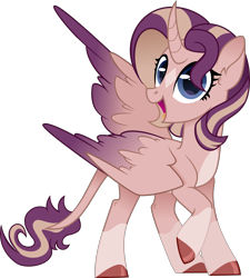 Size: 6000x6656 | Tagged: safe, artist:n0kkun, oc, oc only, oc:shimmering spectacle, alicorn, pony, alicorn oc, base used, curved horn, horn, leonine tail, looking at you, magical lesbian spawn, magical threesome spawn, offspring, open mouth, raised hoof, solo, two toned wings, wings