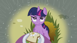 Size: 639x360 | Tagged: safe, screencap, twilight sparkle, unicorn twilight, pony, unicorn, the ticket master, food, sandwich, solo, twilight is not amused, unamused