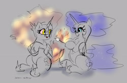 Size: 3386x2215 | Tagged: safe, artist:xbi, daybreaker, nightmare moon, alicorn, pony, 30 minute art challenge, cute, diabreaker, duo, female, fire, food, gray background, marshmallow, moonabetes, mundane utility, partial color, siblings, simple background, sisters, sketch, walking campfire