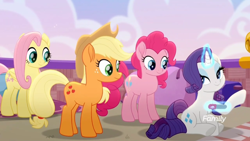 Size: 1366x768 | Tagged: safe, derpibooru import, screencap, applejack, fluttershy, pinkie pie, rarity, earth pony, pegasus, pony, unicorn, rainbow roadtrip, balloon basket, cloud, discovery family logo, hot air balloon, levitation, magic, nail file, telekinesis