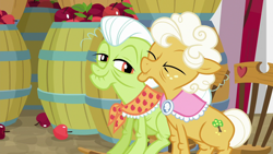 Size: 1280x720 | Tagged: safe, screencap, goldie delicious, granny smith, going to seed, apple, barrel, food, rocking chair