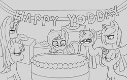 Size: 950x600 | Tagged: safe, artist:vintyri, oc, oc:sign, oc:sylvine, oc:techno glitch, oc:yodi, classical unicorn, pony, unicorn, birthday, birthday cake, cake, cloven hooves, cold blooded twilight, donut, food, glasses, group, leonine tail, monochrome, neo noir, partial color, present, unshorn fetlocks