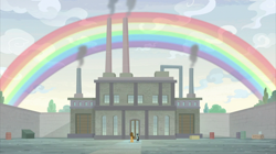 Size: 2400x1348 | Tagged: safe, screencap, cheese sandwich, earth pony, pony, the last laugh, building, factory, gag factory, male, rainbow, sans smirk, smoke, smokestacks, stallion, walls