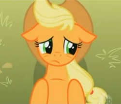 Size: 309x265 | Tagged: safe, derpibooru import, screencap, applejack, earth pony, pony, applebuck season, applejack's hat, cowboy hat, cute, female, floppy ears, hat, jackabetes, mare, on back, solo, tired