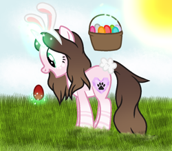 Size: 1000x876 | Tagged: safe, artist:cindydreamlight, oc, oc:cindy, pony, unicorn, basket, bunny ears, easter egg, female, glowing horn, horn, magic, mare, open mouth, paw prints, smiling, solo, telekinesis, unicorn oc