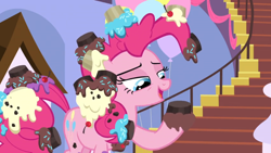 Size: 1366x768 | Tagged: safe, derpibooru import, screencap, pinkie pie, earth pony, pony, the ending of the end, chocolate, cupcake, food, frosting, satisfied, satisfying, solo, sprinkles, stairs