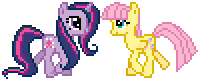 Size: 200x80 | Tagged: safe, artist:sinamuna, derpibooru import, fluttershy, twilight sparkle, unicorn twilight, pegasus, pony, unicorn, desktop ponies, female, mane swap, mare, pixel art, simple background, sprite, transparent background