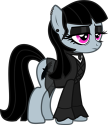 Size: 1047x1211 | Tagged: safe, artist:lightningbolt, derpibooru exclusive, oc, oc only, oc:goth lass, earth pony, pony, .svg available, bags under eyes, choker, clothes, dyed mane, dyed tail, ear piercing, earring, eyeliner, eyeshadow, female, frown, gem, goth, jewelry, lidded eyes, long sleeves, makeup, mare, mother, piercing, shirt, simple background, skirt, solo, svg, transparent background, transparent skirt, undershirt, vector