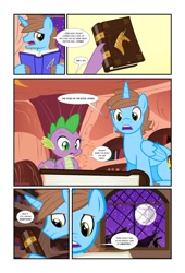 Size: 738x1083 | Tagged: safe, artist:koolfrood, spike, oc, oc:ian denney, dragon, comic:ian's story, book, comic, golden oaks library, mare in the moon, moon