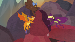 Size: 1280x720 | Tagged: safe, screencap, billy (dragon), dragon, sweet and smoky, clump, flying, male, rock, teenaged dragon, trio