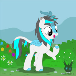 Size: 1408x1408 | Tagged: safe, artist:wheatley r.h., oc, oc only, oc:blizzard flare, kirin, berry bush, bush, cloven hooves, eating, female, flower, food, gray eyes, kirin oc, mare, mountain, open mouth, single panel, solo, vector, watermark, white berry