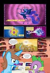 Size: 738x1083 | Tagged: safe, artist:koolfrood, nightmare moon, oc, oc:ian denney, pony, comic:ian's story, book, comic, golden oaks library