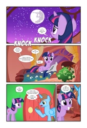 Size: 738x1083 | Tagged: safe, artist:koolfrood, twilight sparkle, oc, oc:ian denney, pony, comic:ian's story, bed, comic, golden oaks library, mare in the moon, moon