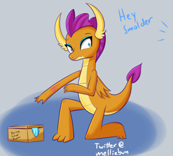 Size: 2000x1800 | Tagged: safe, artist:melliedraws, smolder, dragon, box, clothes, cute, dragoness, dress, eyeshadow, female, lipstick, makeup, offscreen character, princess smolder, secret, smolderbetes, solo