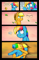 Size: 2698x4087 | Tagged: safe, artist:mustachedbain, derpibooru import, applejack, rainbow dash, anthro, earth pony, pegasus, pony, bro, comic, crying, female, hat, hug, mare, style change