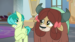 Size: 1280x720 | Tagged: safe, screencap, sandbar, yona, earth pony, pony, yak, she's all yak, blushing, cute, sandabetes, smiling, yonadorable