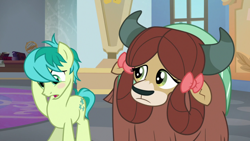 Size: 1920x1080 | Tagged: safe, screencap, sandbar, yona, earth pony, pony, yak, she's all yak, blushing, cute, female, male, sandabetes, yonadorable