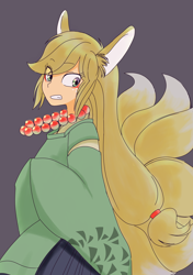 Size: 1800x2553 | Tagged: safe, artist:haibaratomoe, derpibooru import, applejack, human, original species, appbackgroundlejack, clothes, cute, eared humanization, eye clipping through hair, female, humanized, jackabetes, jewelry, kimono (clothing), kitsune, necklace, purple background, simple, simple background, solo, tailed humanization