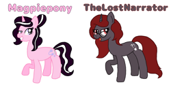 Size: 2000x1000 | Tagged: safe, artist:rainbow dash is best pony, oc, oc:curse word, oc:magpie, pony, unicorn, digital art, magpiepony, open mouth, simple background, text, thelostnarrator, white background