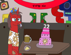Size: 3288x2550 | Tagged: safe, artist:supahdonarudo, oc, oc only, oc:ironyoshi, alcohol, apple cider, arcade game, banner, birthday, cake, clothes, clown, depressed, depression, food, hat, noisemaker, pizza, play place, shirt, sitting, table, television, text