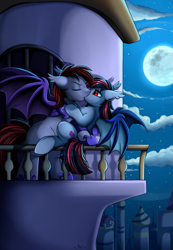 Size: 2343x3395 | Tagged: safe, artist:pridark, oc, bat pony, pony, bat pony oc, canterlot, kissing, moon, night guard